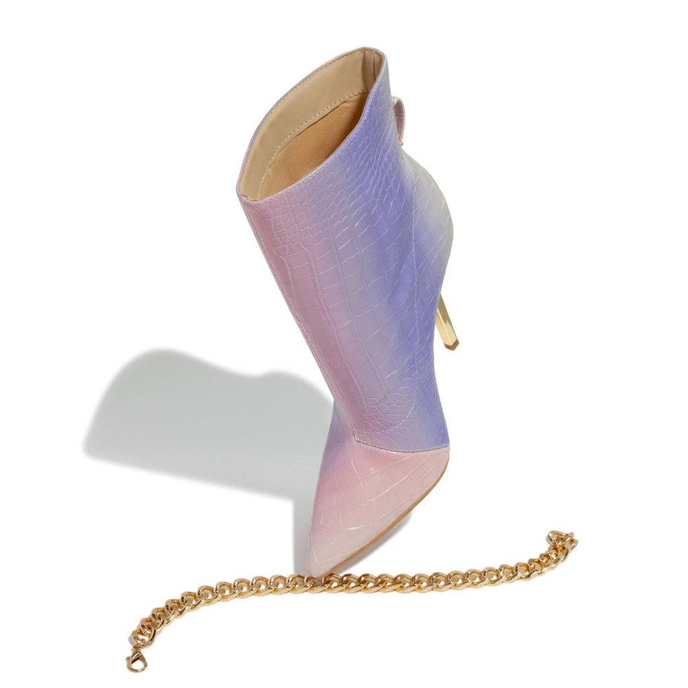 NEW🔥Embossed Multi-Color Pointy Toe Ankle Booties Boot Gold Chain Stiletto Heel - Picture 6 of 7